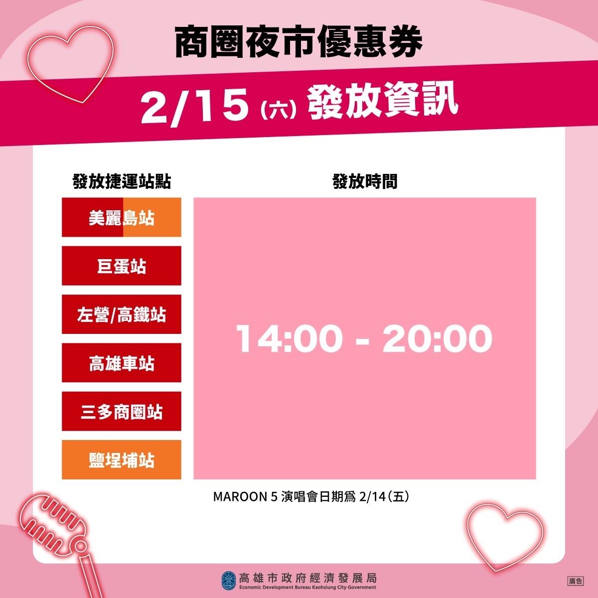 憑指定演唱會門票到6處指定捷運站即可兌換50元商圈夜市優惠券，可使用於高雄40 處商圈夜市及300 家以上特色店家，還可享有各式情人節助攻優惠，歡迎各地粉絲來高雄感受音樂及美食。（圖片提供：高雄市政府）